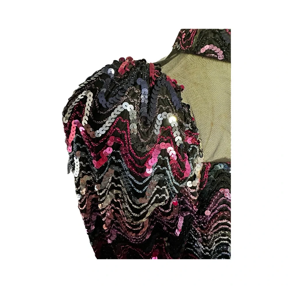 80s Pink Sequin Black Mesh Party Blouse SM/MED